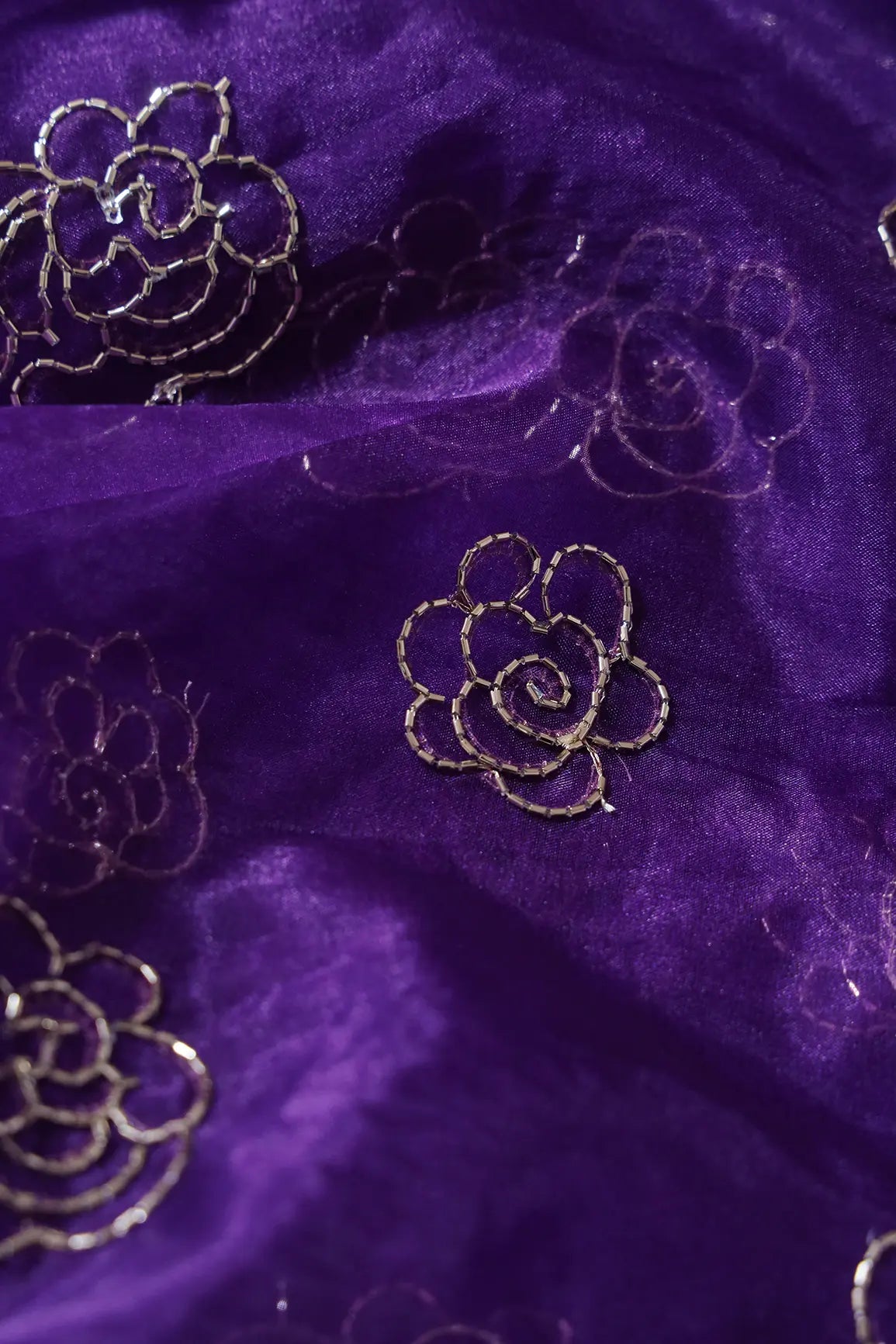 AIzaSyBcstauz-XMPRhEY21AUzeo032pxrXB5Ug - Cut Dana Beads Beautiful Floral Embroidery On Purple Organza Fabric