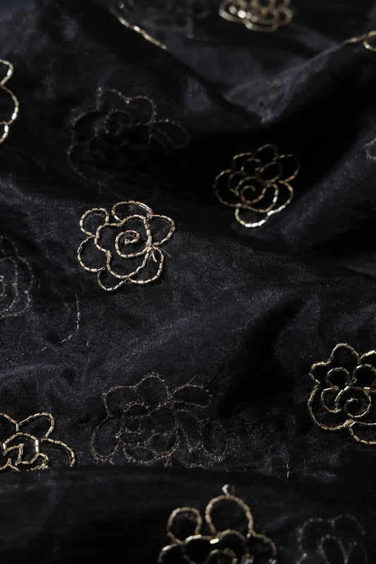 AIzaSyBcstauz-XMPRhEY21AUzeo032pxrXB5Ug - Cut Dana Beads Beautiful Floral Embroidery On Black Organza Fabric