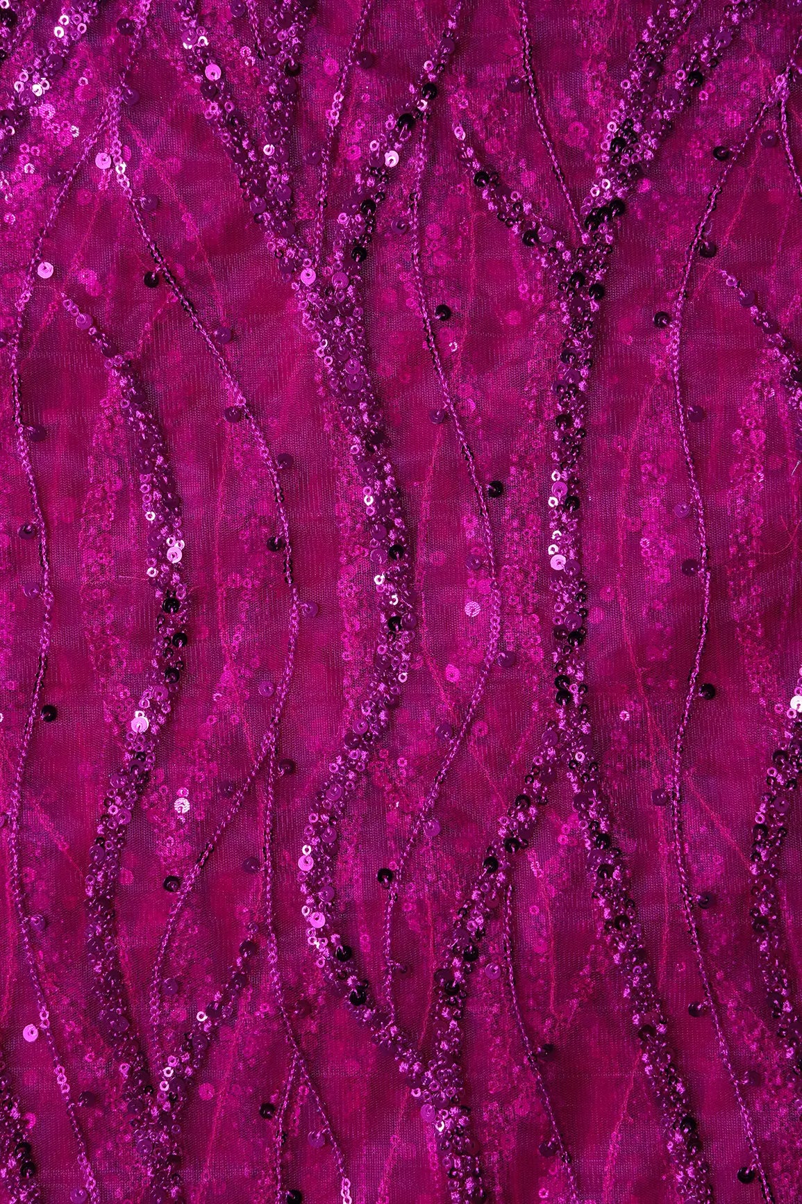 AIzaSyBcstauz-XMPRhEY21AUzeo032pxrXB5Ug - Beautiful Sequins With Fuchsia Thread Wavy Embroidery Work On Fuchsia Soft Net Fabric