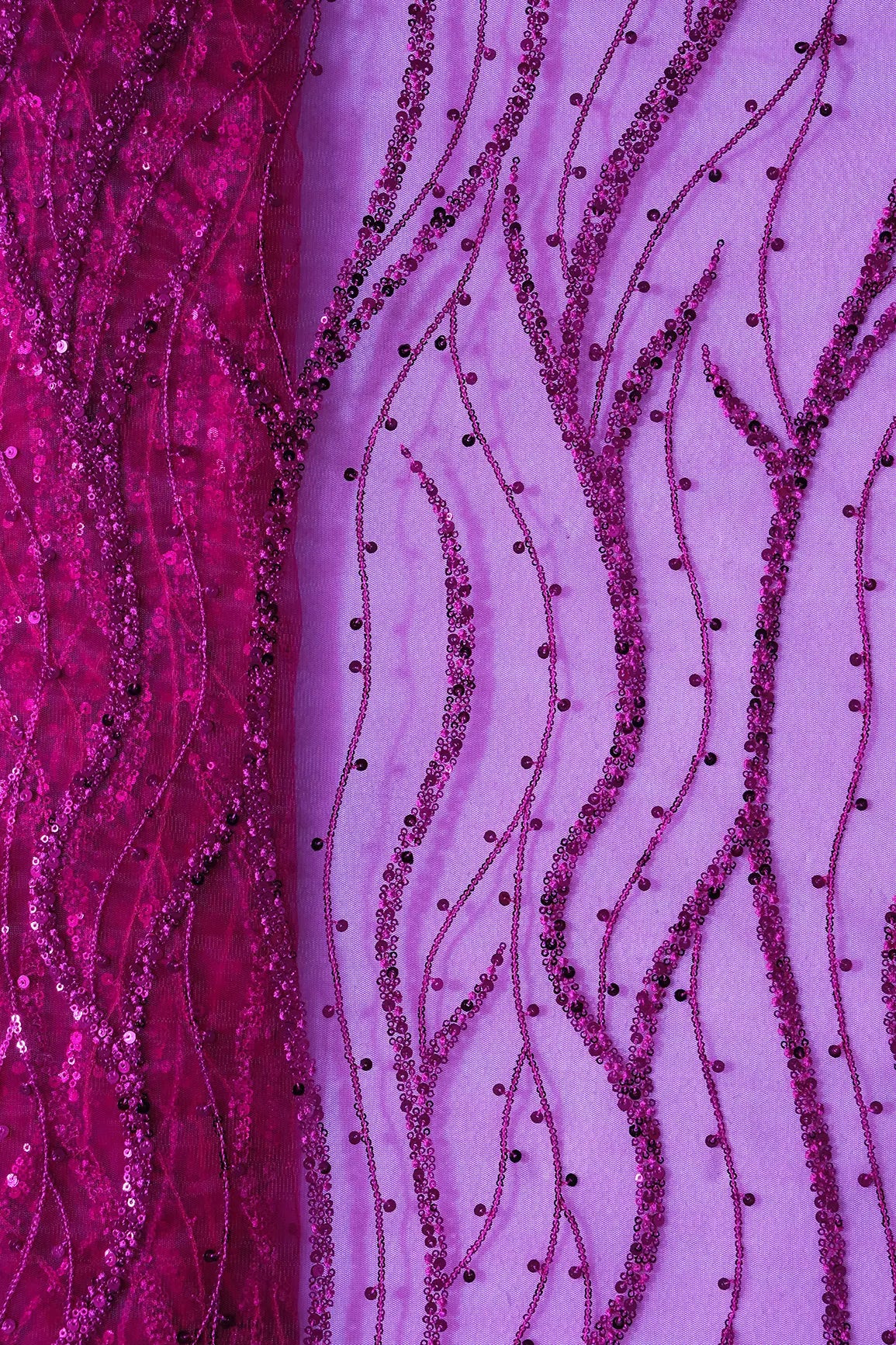 AIzaSyBcstauz-XMPRhEY21AUzeo032pxrXB5Ug - Beautiful Sequins With Fuchsia Thread Wavy Embroidery Work On Fuchsia Soft Net Fabric
