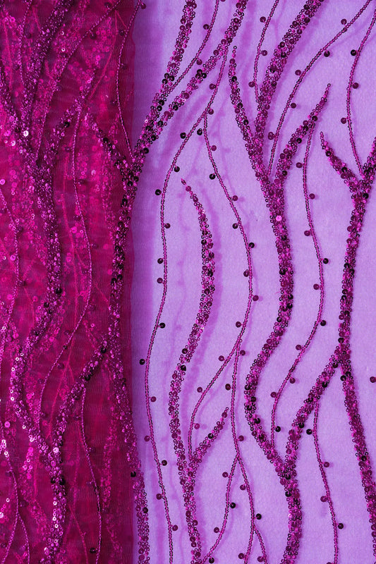 AIzaSyBcstauz-XMPRhEY21AUzeo032pxrXB5Ug - Beautiful Sequins With Fuchsia Thread Wavy Embroidery Work On Fuchsia Soft Net Fabric