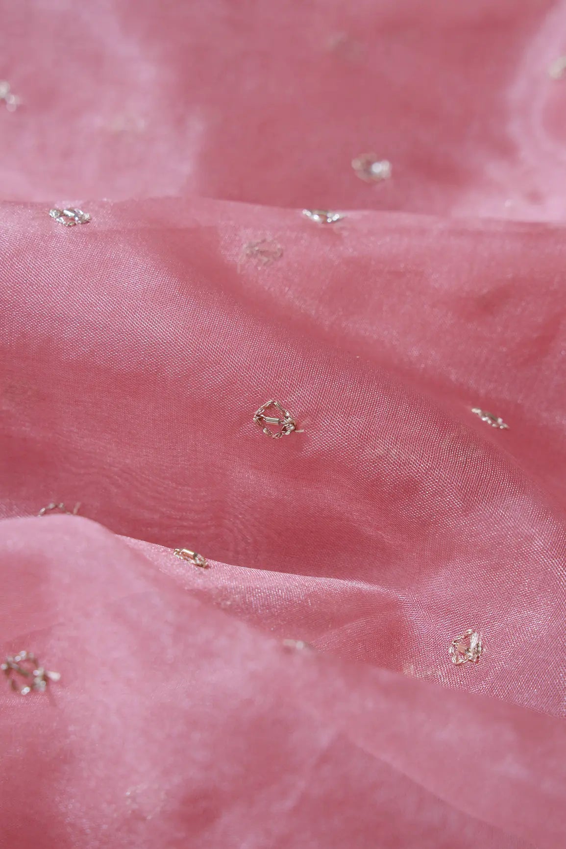AIzaSyBcstauz-XMPRhEY21AUzeo032pxrXB5Ug - Cut Dana Beads With Zari Small Motif Embroidery On Gajri Pink Organza Fabric