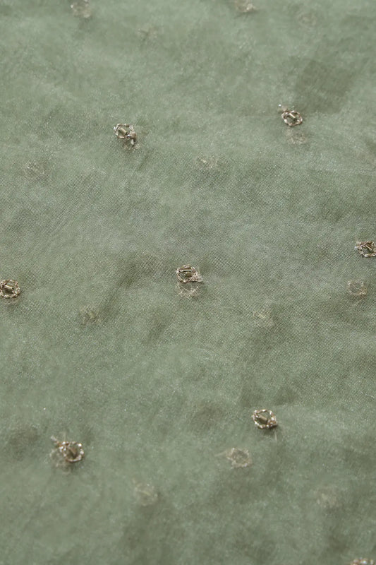 AIzaSyBcstauz-XMPRhEY21AUzeo032pxrXB5Ug - Cut Dana Beads With Zari Small Motif Embroidery On Olive Organza Fabric