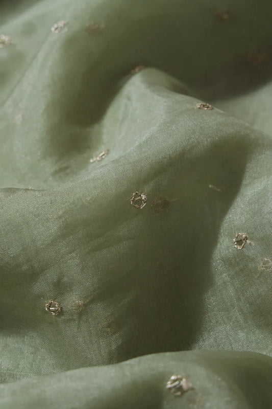AIzaSyBcstauz-XMPRhEY21AUzeo032pxrXB5Ug - Cut Dana Beads With Zari Small Motif Embroidery On Olive Organza Fabric