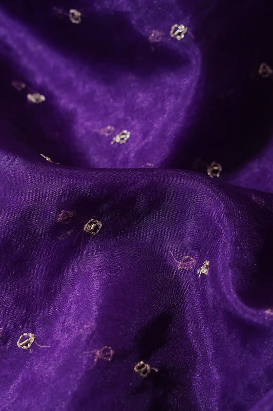 AIzaSyBcstauz-XMPRhEY21AUzeo032pxrXB5Ug - Cut Dana Beads With Zari Small Motif Embroidery On Purple Organza Fabric