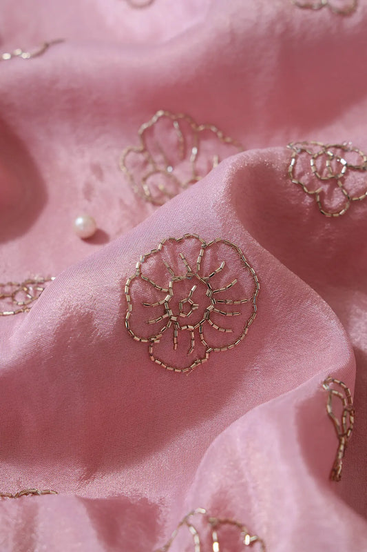 AIzaSyBcstauz-XMPRhEY21AUzeo032pxrXB5Ug - Cut Dana Beads Floral Embroidery Work On Pink Pure Viscose Zari Tissue Fabric