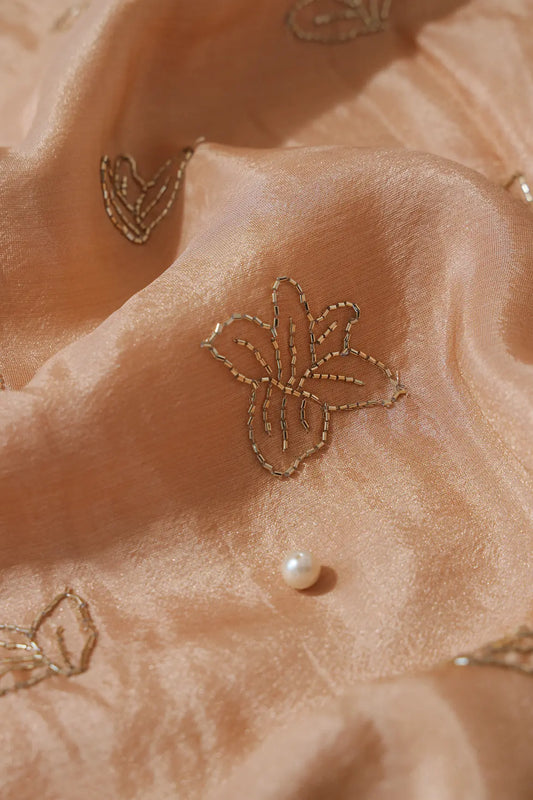 AIzaSyBcstauz-XMPRhEY21AUzeo032pxrXB5Ug - Beautiful Cut Dana Beads Floral Embroidery Work On Beige Pure Viscose Zari Tissue Fabric
