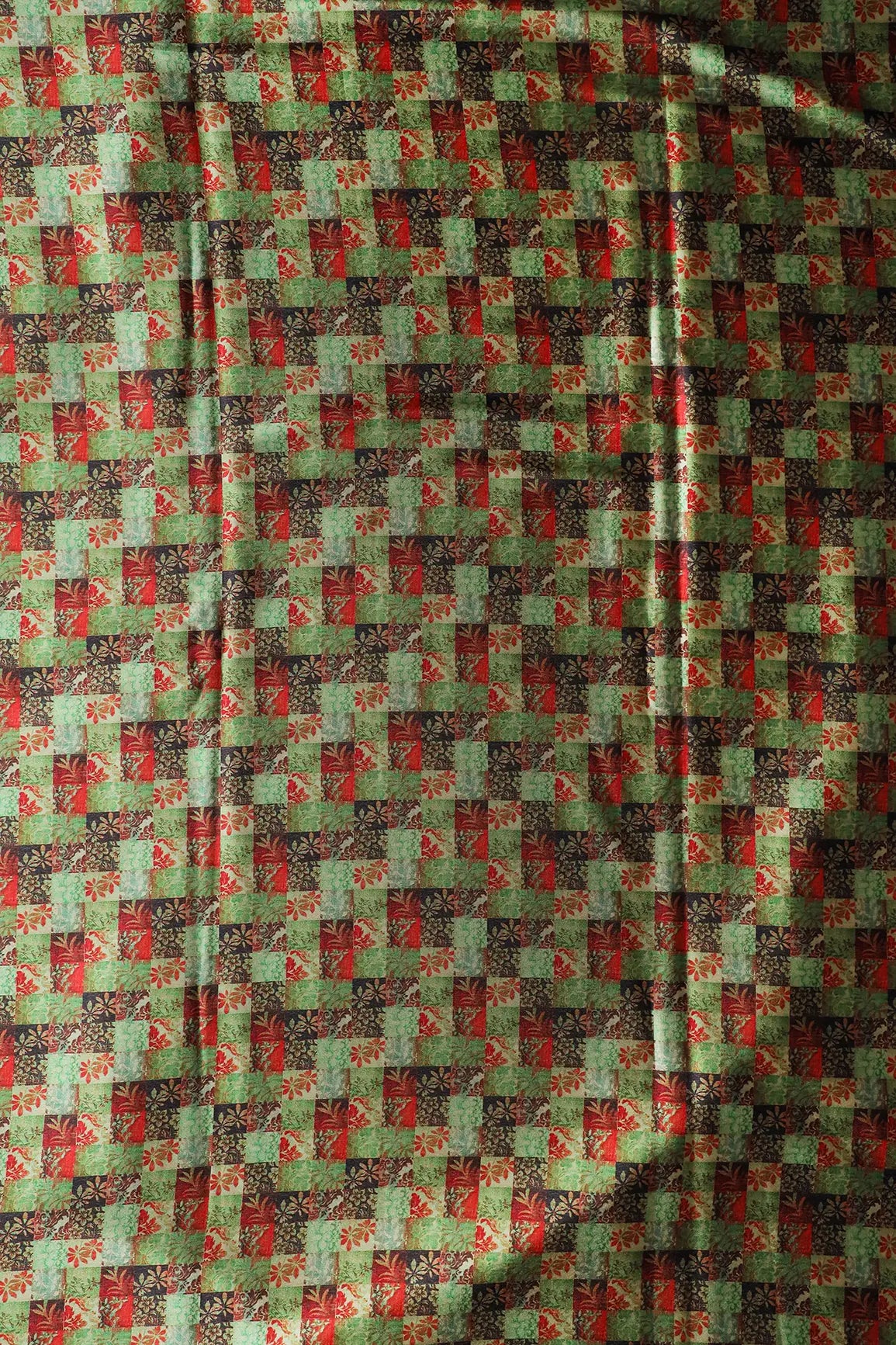 AIzaSyBcstauz-XMPRhEY21AUzeo032pxrXB5Ug - Light Green And Red Floral Checks Pattern Digital Print On Satin Fabric