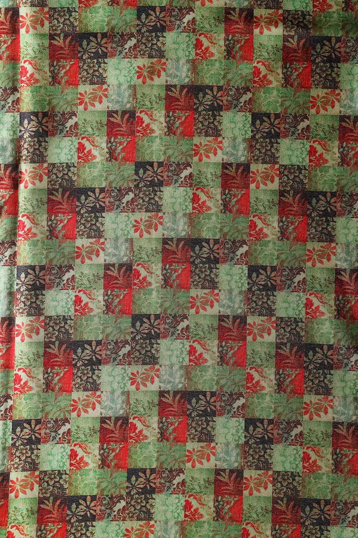 AIzaSyBcstauz-XMPRhEY21AUzeo032pxrXB5Ug - Light Green And Red Floral Checks Pattern Digital Print On Satin Fabric
