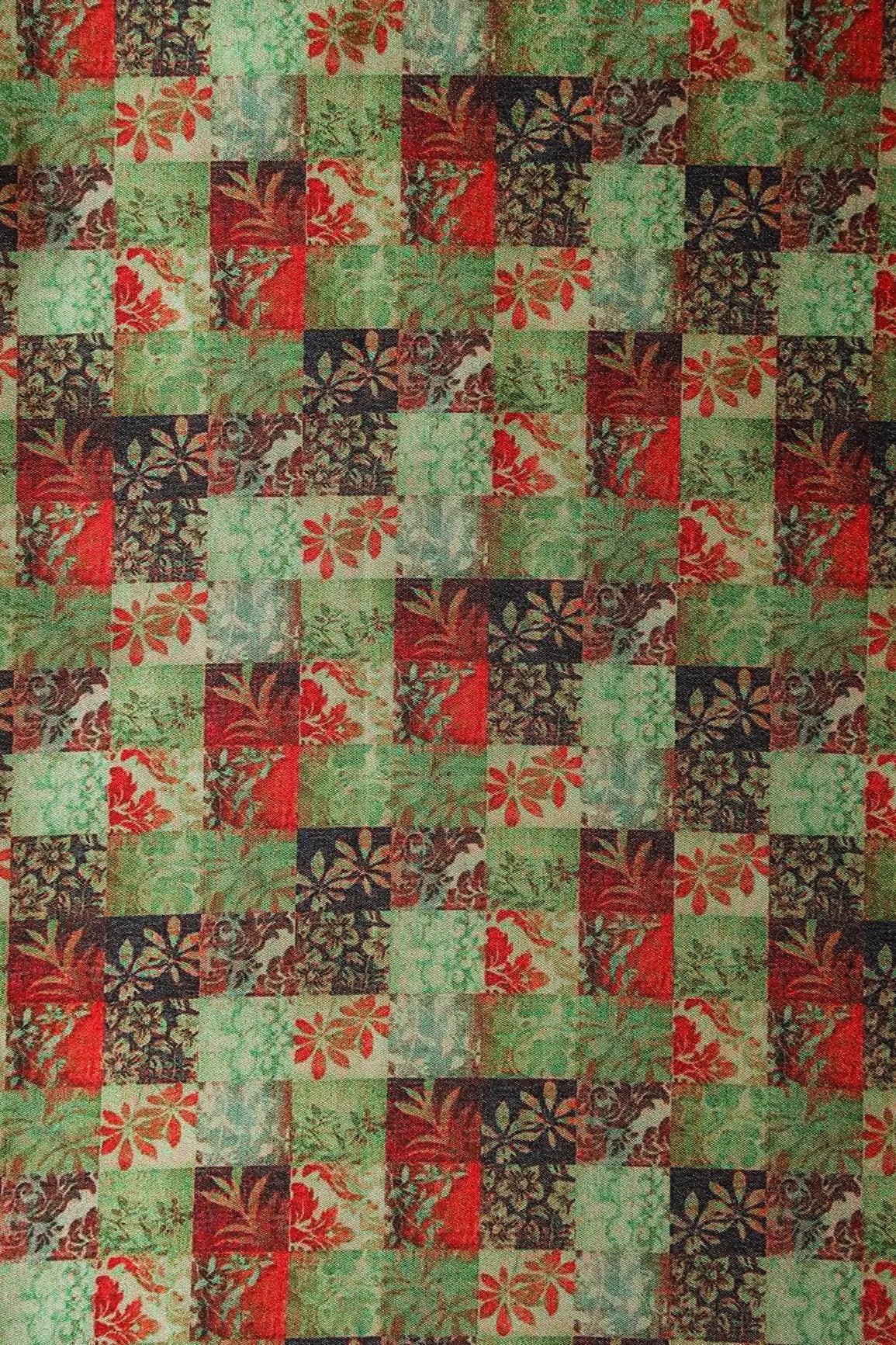 AIzaSyBcstauz-XMPRhEY21AUzeo032pxrXB5Ug - Light Green And Red Floral Checks Pattern Digital Print On Satin Fabric