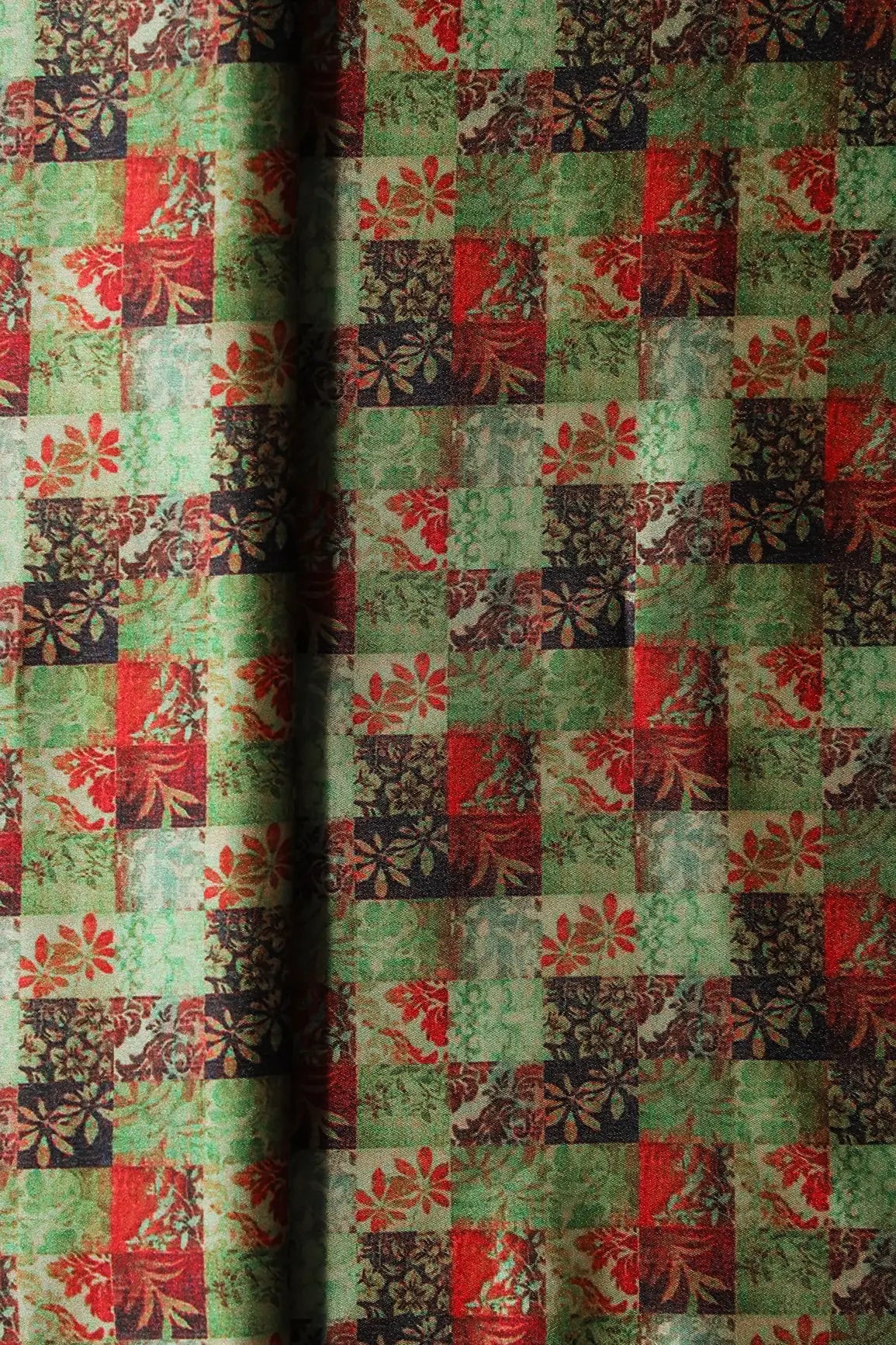 AIzaSyBcstauz-XMPRhEY21AUzeo032pxrXB5Ug - Light Green And Red Floral Checks Pattern Digital Print On Satin Fabric