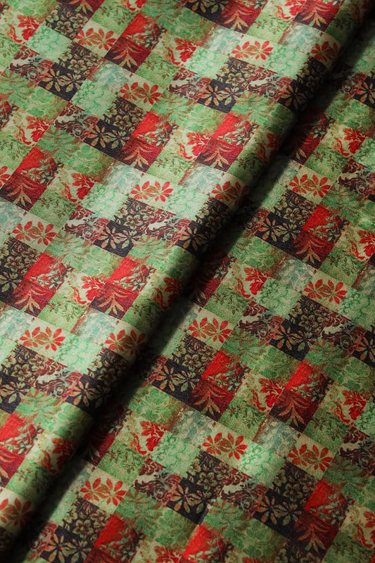 AIzaSyBcstauz-XMPRhEY21AUzeo032pxrXB5Ug - Light Green And Red Floral Checks Pattern Digital Print On Satin Fabric