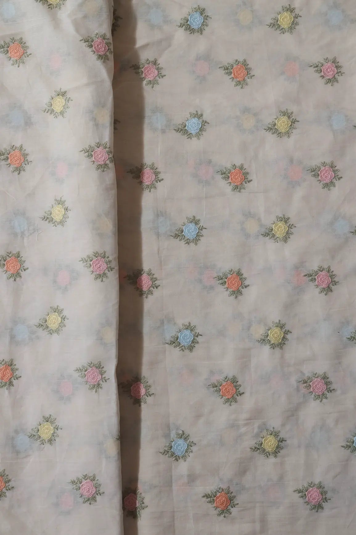 AIzaSyBcstauz-XMPRhEY21AUzeo032pxrXB5Ug - Beautiful Pastel Thread Floral Small Butta Embroidery On Off White Organic Cotton Fabric
