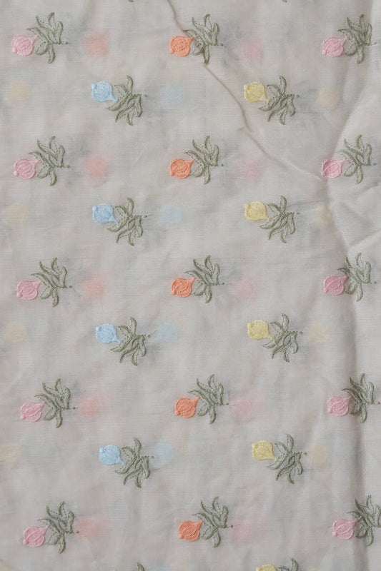 Pastel Thread Floral Butta Embroidery On Off White Organic Cotton Fabric