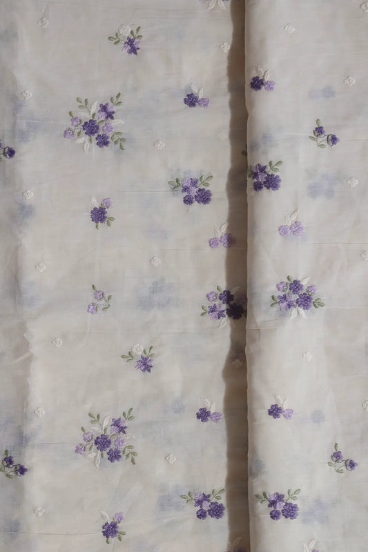 Purple And Lilac Thread Beautiful Floral Embroidery On Off White Organic Cotton Fabric