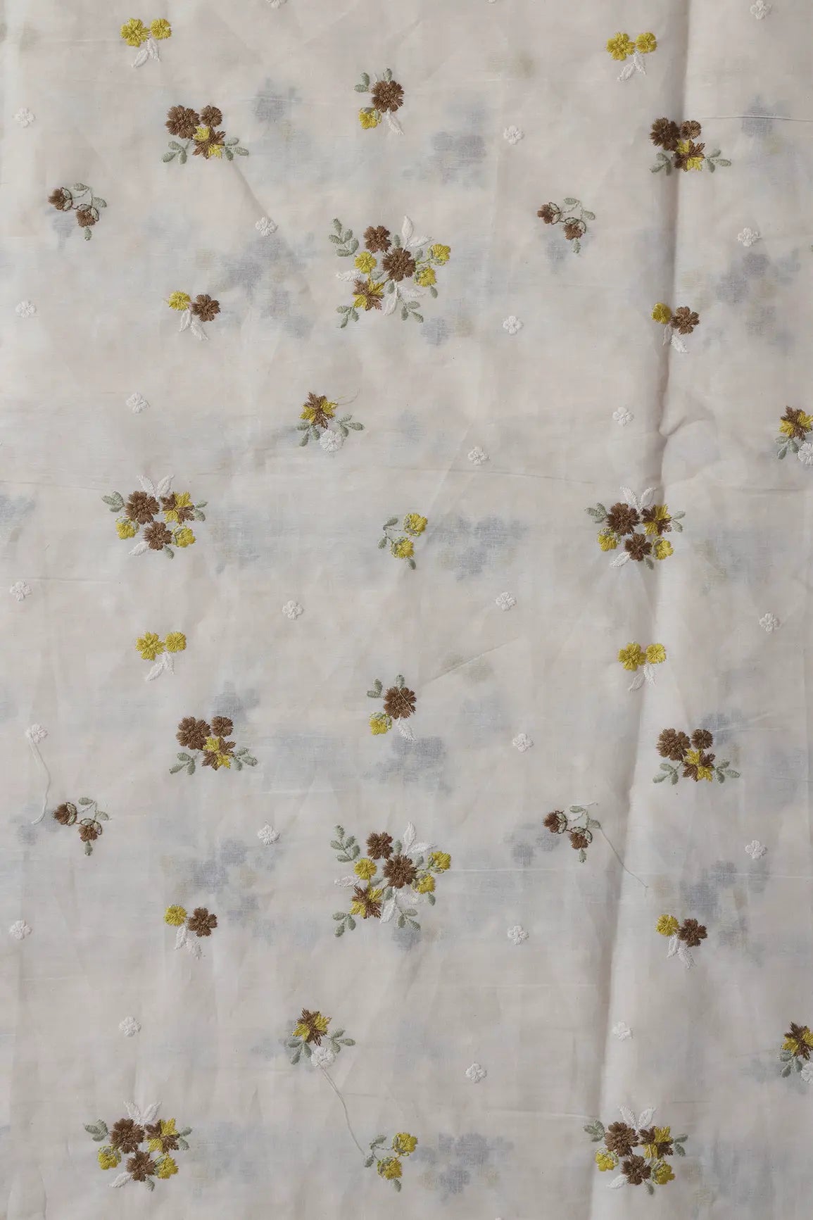 AIzaSyBcstauz-XMPRhEY21AUzeo032pxrXB5Ug - Brown And Yellow Thread Beautiful Floral Embroidery On Off White Organic Cotton Fabric