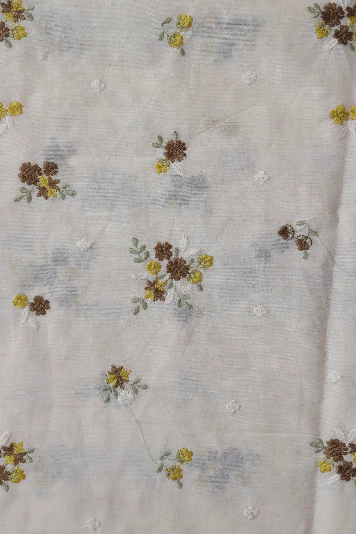 AIzaSyBcstauz-XMPRhEY21AUzeo032pxrXB5Ug - Brown And Yellow Thread Beautiful Floral Embroidery On Off White Organic Cotton Fabric