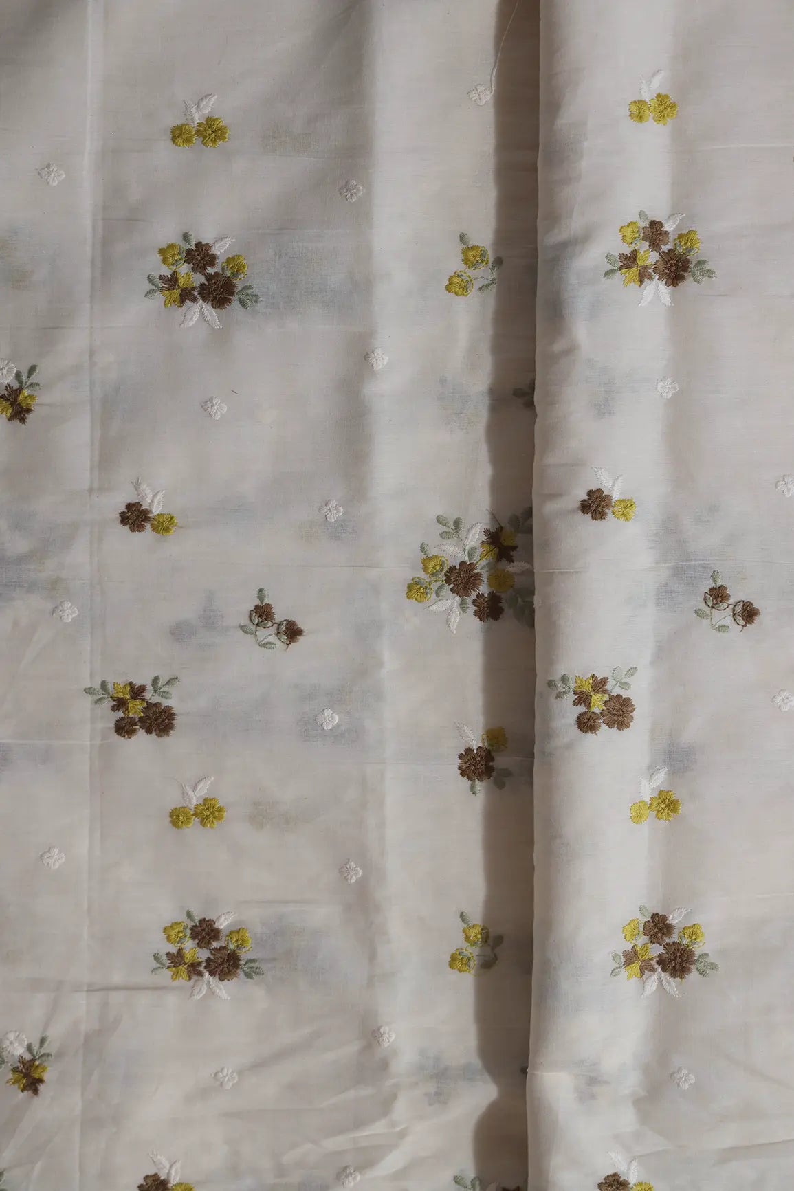 AIzaSyBcstauz-XMPRhEY21AUzeo032pxrXB5Ug - Brown And Yellow Thread Beautiful Floral Embroidery On Off White Organic Cotton Fabric