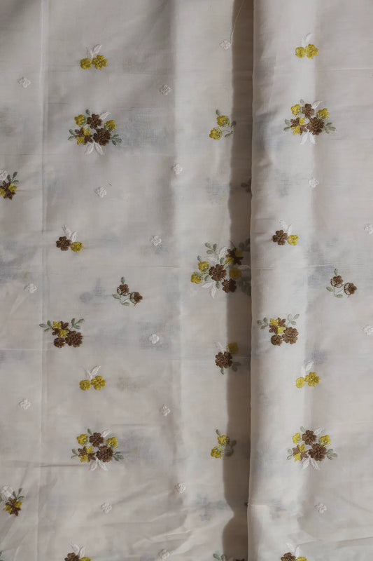 AIzaSyBcstauz-XMPRhEY21AUzeo032pxrXB5Ug - Brown And Yellow Thread Beautiful Floral Embroidery On Off White Organic Cotton Fabric
