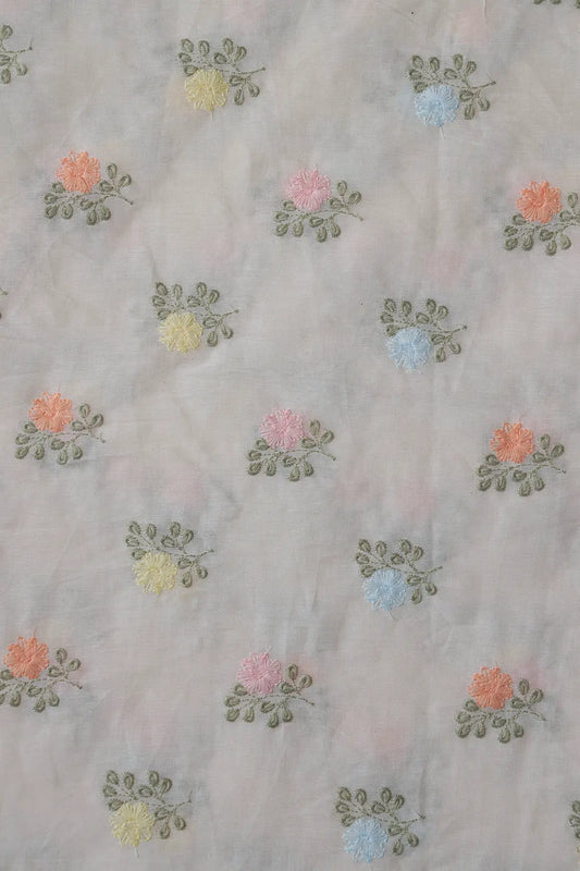 AIzaSyBcstauz-XMPRhEY21AUzeo032pxrXB5Ug - Beautiful Pastel Thread Floral Butta Embroidery On Off White Organic Cotton Fabric
