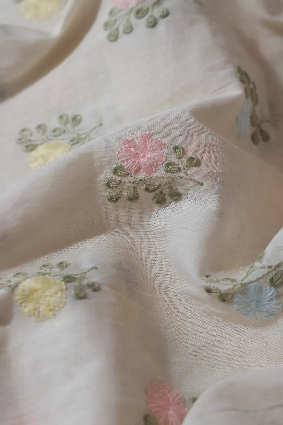 AIzaSyBcstauz-XMPRhEY21AUzeo032pxrXB5Ug - Beautiful Pastel Thread Floral Butta Embroidery On Off White Organic Cotton Fabric