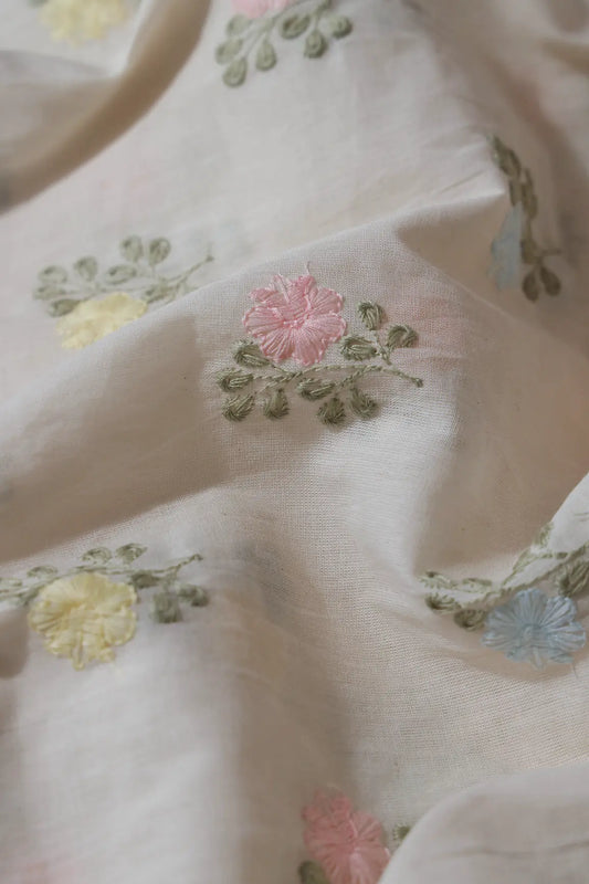 AIzaSyBcstauz-XMPRhEY21AUzeo032pxrXB5Ug - Beautiful Pastel Thread Floral Butta Embroidery On Off White Organic Cotton Fabric
