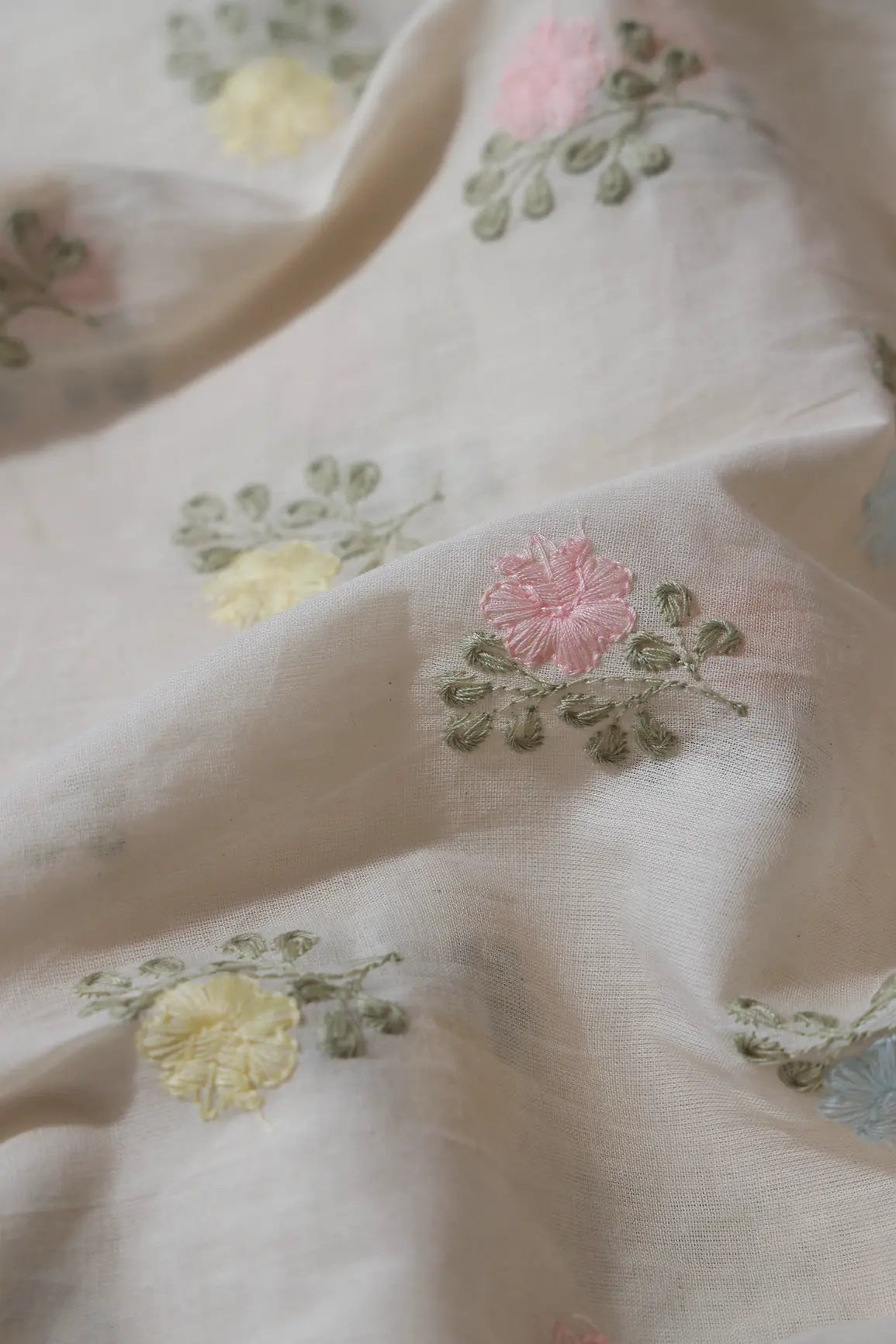 AIzaSyBcstauz-XMPRhEY21AUzeo032pxrXB5Ug - Beautiful Pastel Thread Floral Butta Embroidery On Off White Organic Cotton Fabric