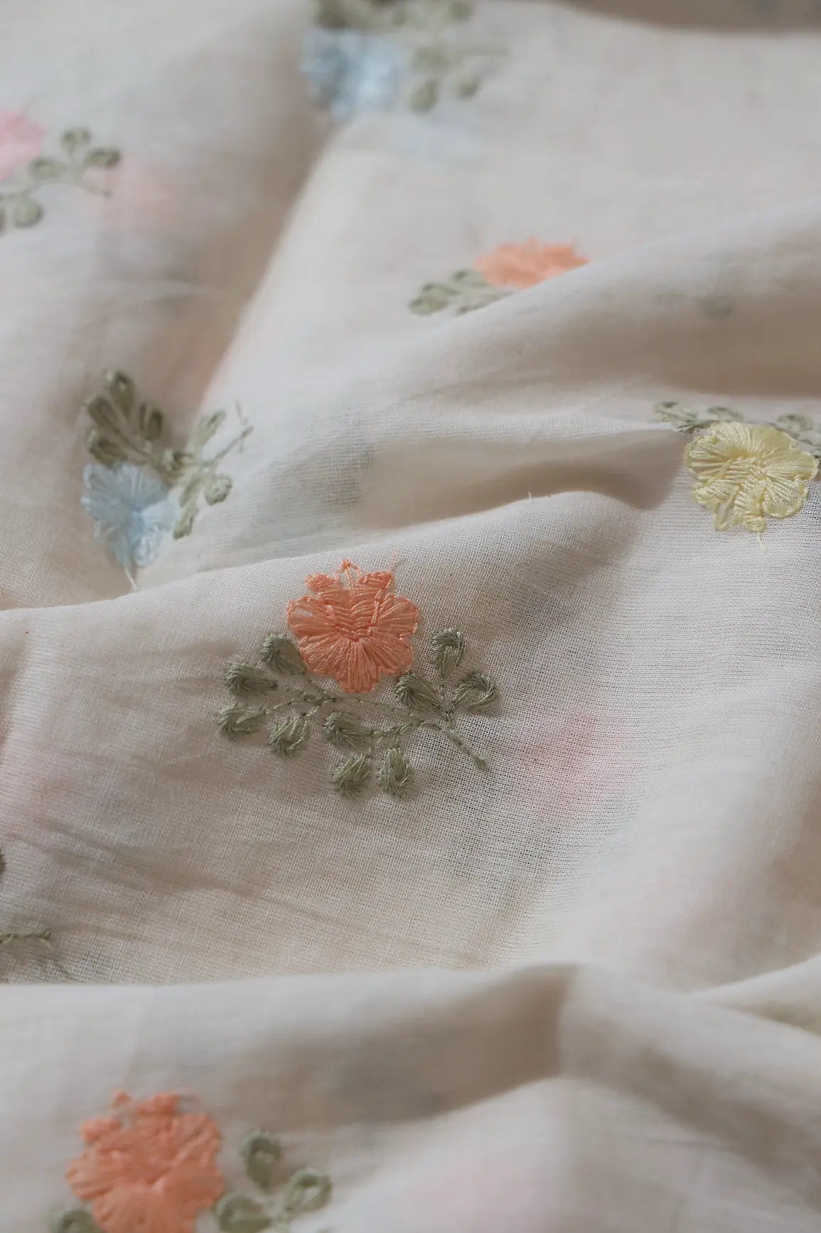 AIzaSyBcstauz-XMPRhEY21AUzeo032pxrXB5Ug - Beautiful Pastel Thread Floral Butta Embroidery On Off White Organic Cotton Fabric