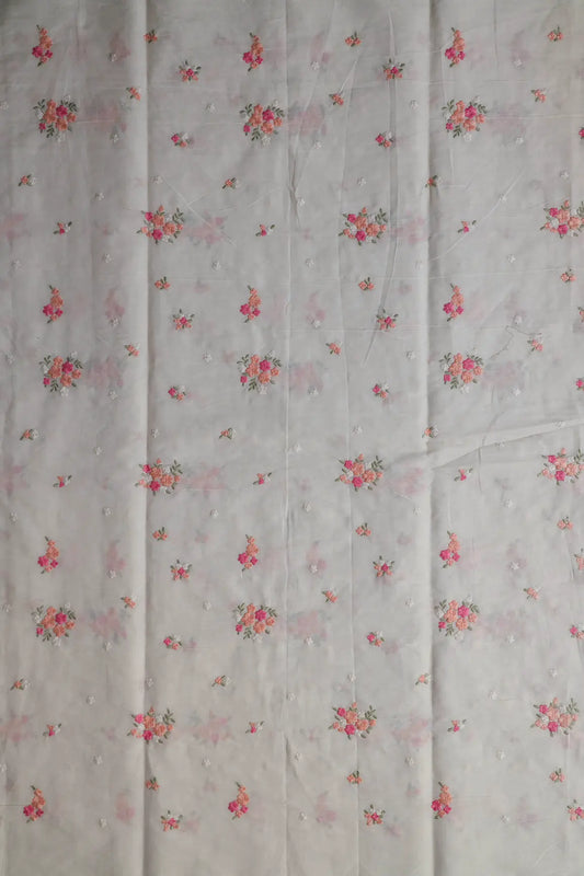 Pink And Peach Thread Beautiful Floral Embroidery On Off White Organic Cotton Fabric