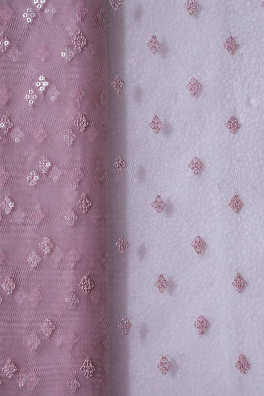Small Motif Sequins Embroidery Work On Mauve Soft Net Fabric
