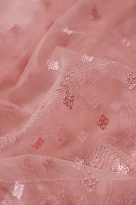 Small Motif Sequins Embroidery Work On Peach Soft Net Fabric