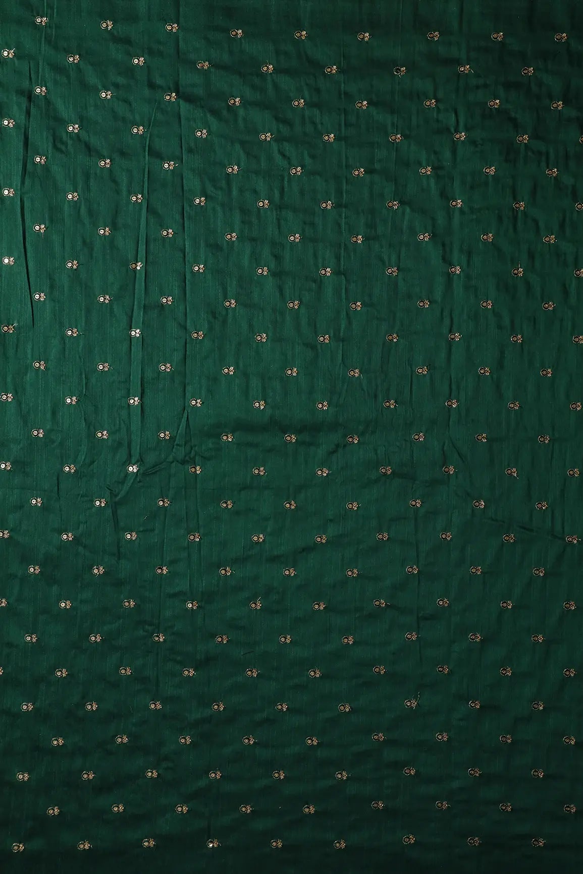 AIzaSyBcstauz-XMPRhEY21AUzeo032pxrXB5Ug - Green Thread With Gold Sequins Small Floral Booti Embroidery On Bottle Green Raw Silk Fabric