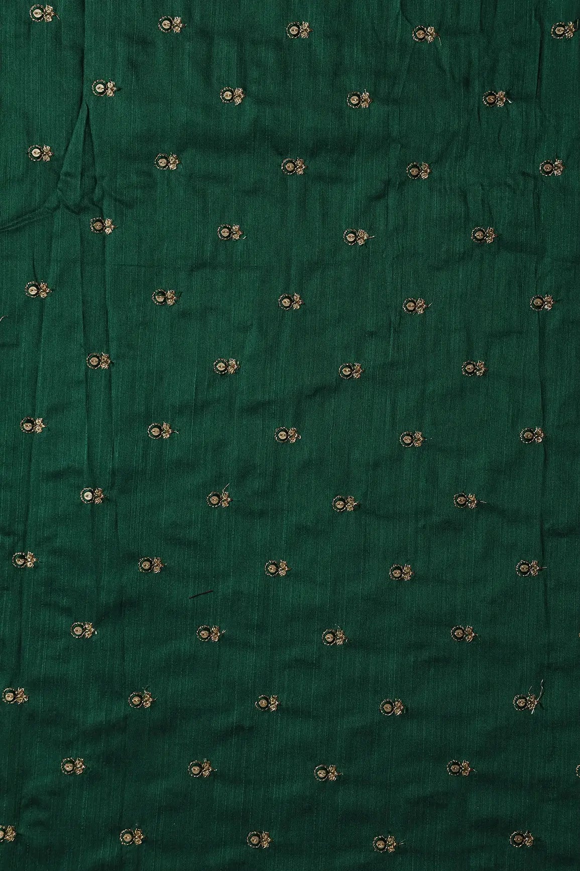 AIzaSyBcstauz-XMPRhEY21AUzeo032pxrXB5Ug - Green Thread With Gold Sequins Small Floral Booti Embroidery On Bottle Green Raw Silk Fabric