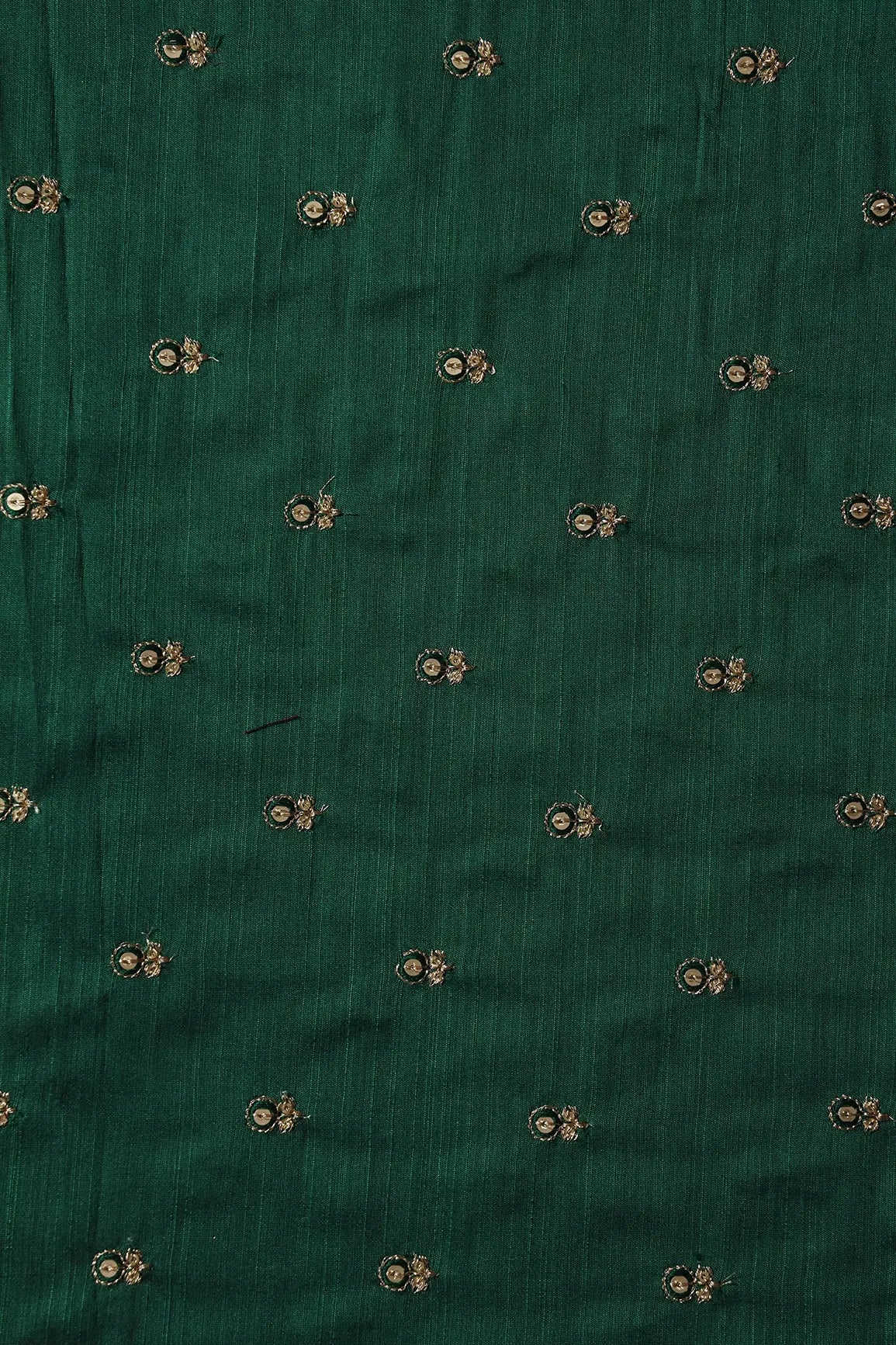 AIzaSyBcstauz-XMPRhEY21AUzeo032pxrXB5Ug - Green Thread With Gold Sequins Small Floral Booti Embroidery On Bottle Green Raw Silk Fabric