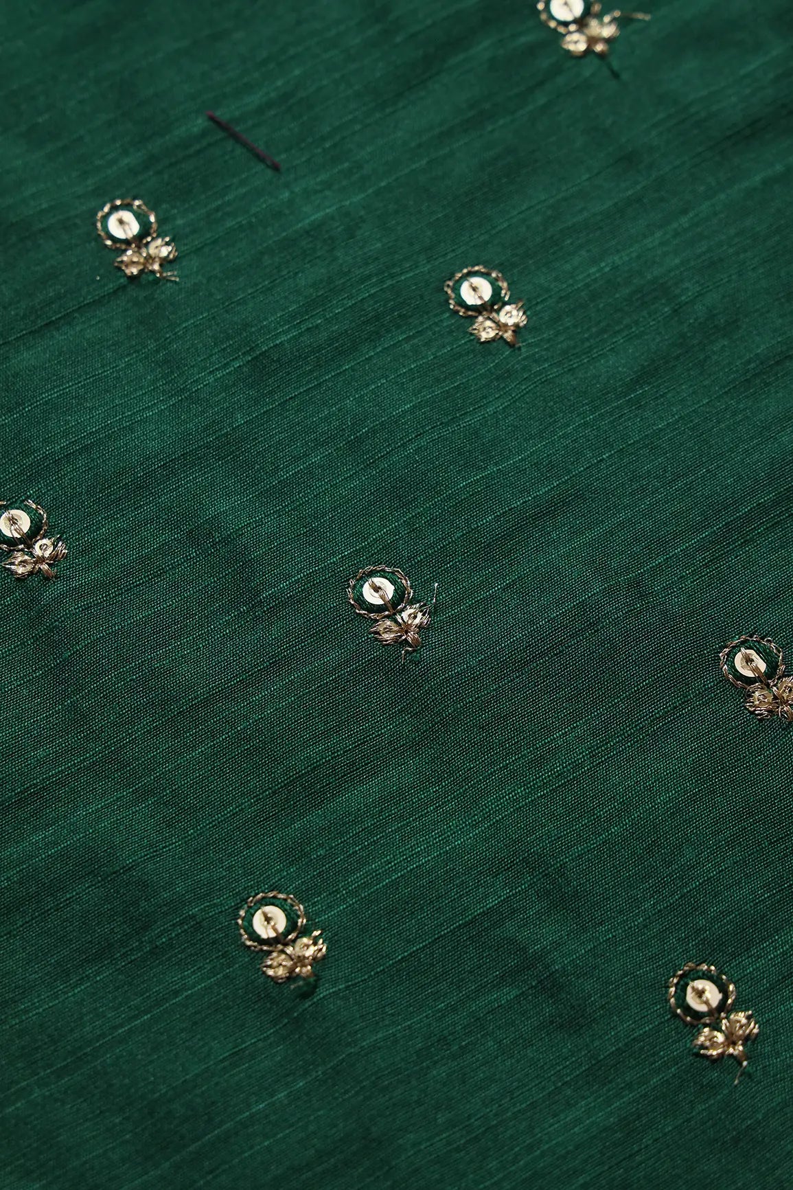 AIzaSyBcstauz-XMPRhEY21AUzeo032pxrXB5Ug - Green Thread With Gold Sequins Small Floral Booti Embroidery On Bottle Green Raw Silk Fabric