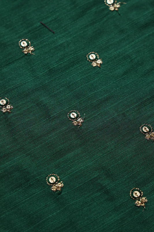 AIzaSyBcstauz-XMPRhEY21AUzeo032pxrXB5Ug - Green Thread With Gold Sequins Small Floral Booti Embroidery On Bottle Green Raw Silk Fabric