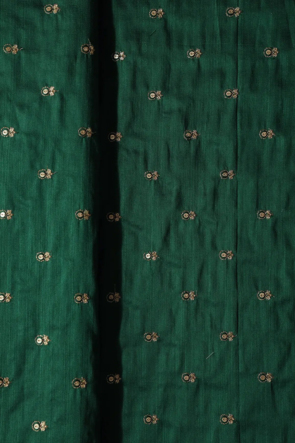 AIzaSyBcstauz-XMPRhEY21AUzeo032pxrXB5Ug - Green Thread With Gold Sequins Small Floral Booti Embroidery On Bottle Green Raw Silk Fabric