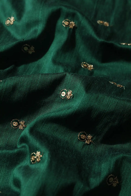 AIzaSyBcstauz-XMPRhEY21AUzeo032pxrXB5Ug - Green Thread With Gold Sequins Small Floral Booti Embroidery On Bottle Green Raw Silk Fabric