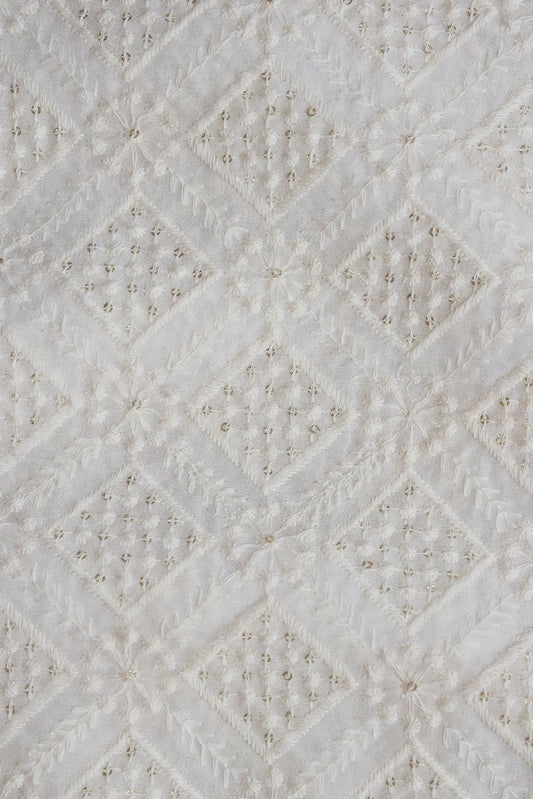 White Thread With Gold Glitter Sequins Checks Lucknowi Embroidery On Dyeable Viscose Georgette Fabric