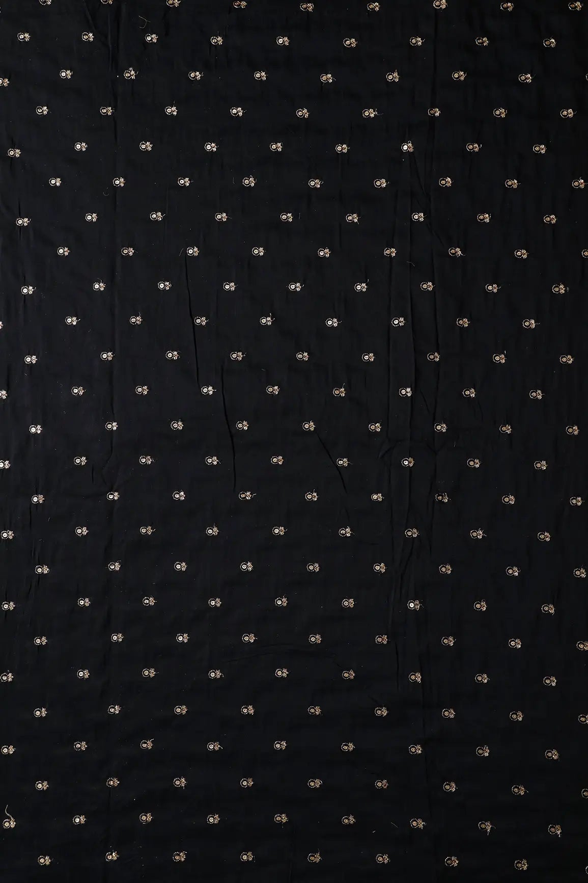 AIzaSyBcstauz-XMPRhEY21AUzeo032pxrXB5Ug - Black Thread With Gold Sequins Small Floral Booti Embroidery On Black Raw Silk Fabric