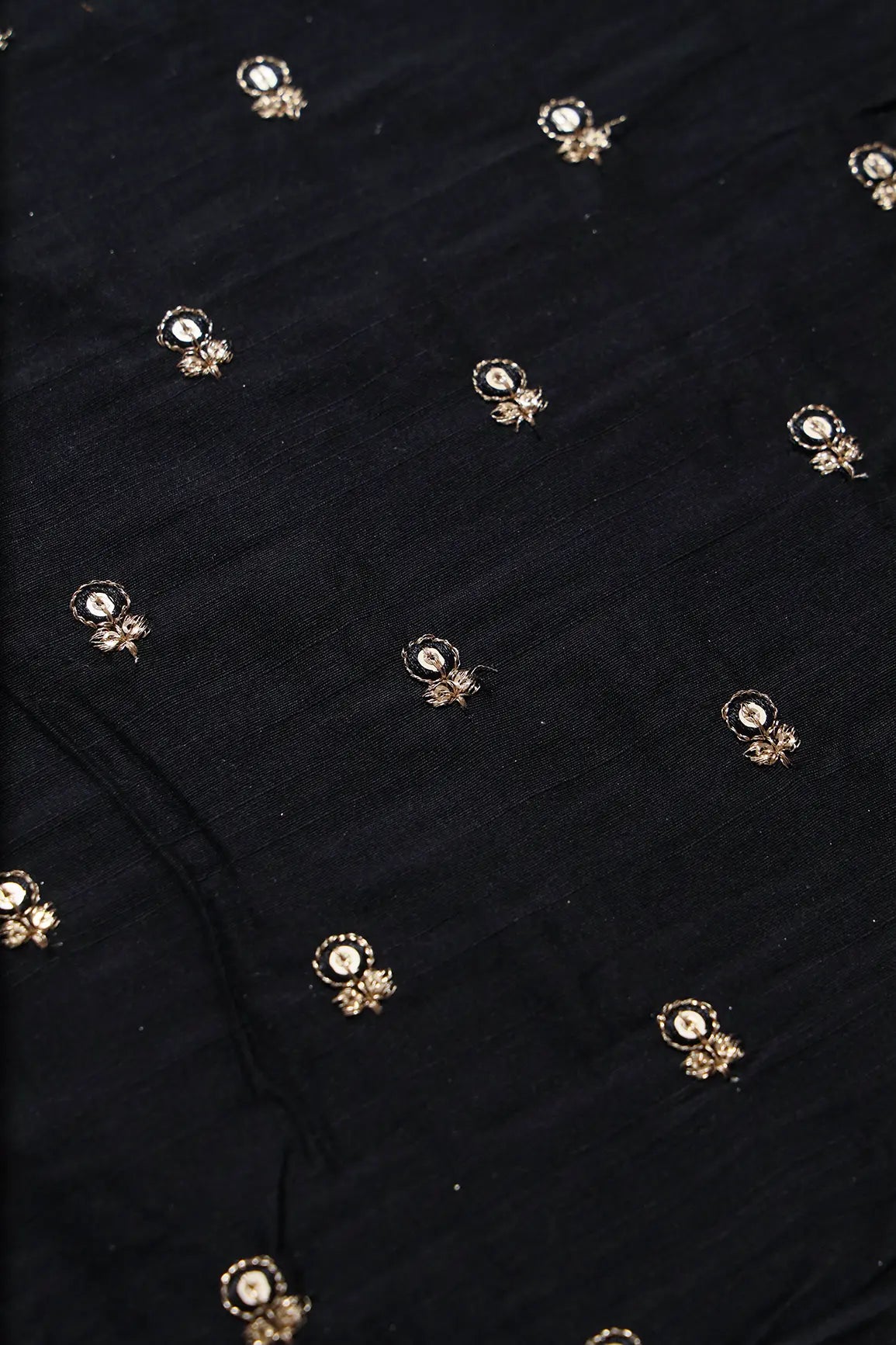AIzaSyBcstauz-XMPRhEY21AUzeo032pxrXB5Ug - Black Thread With Gold Sequins Small Floral Booti Embroidery On Black Raw Silk Fabric