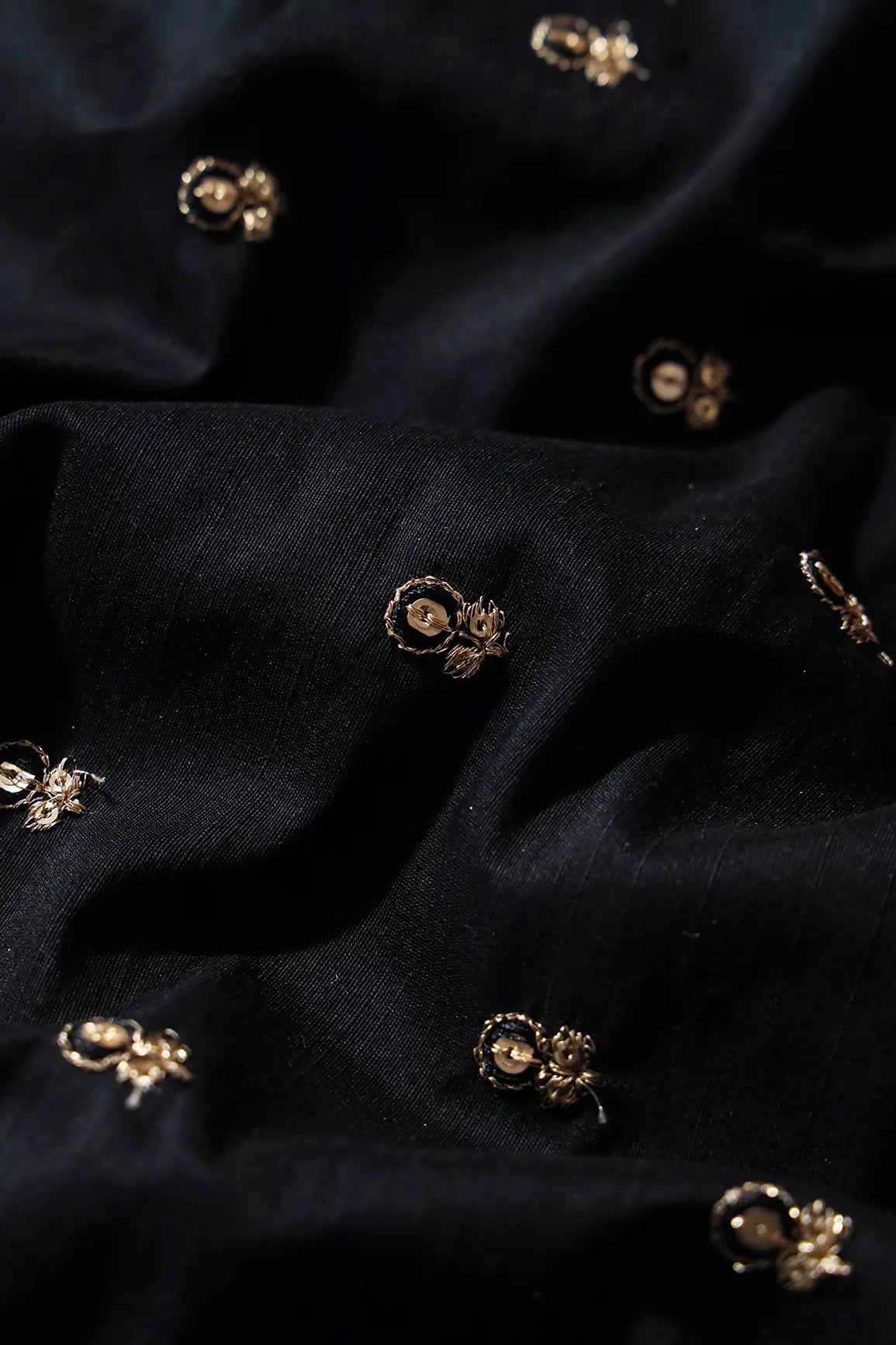 AIzaSyBcstauz-XMPRhEY21AUzeo032pxrXB5Ug - Black Thread With Gold Sequins Small Floral Booti Embroidery On Black Raw Silk Fabric