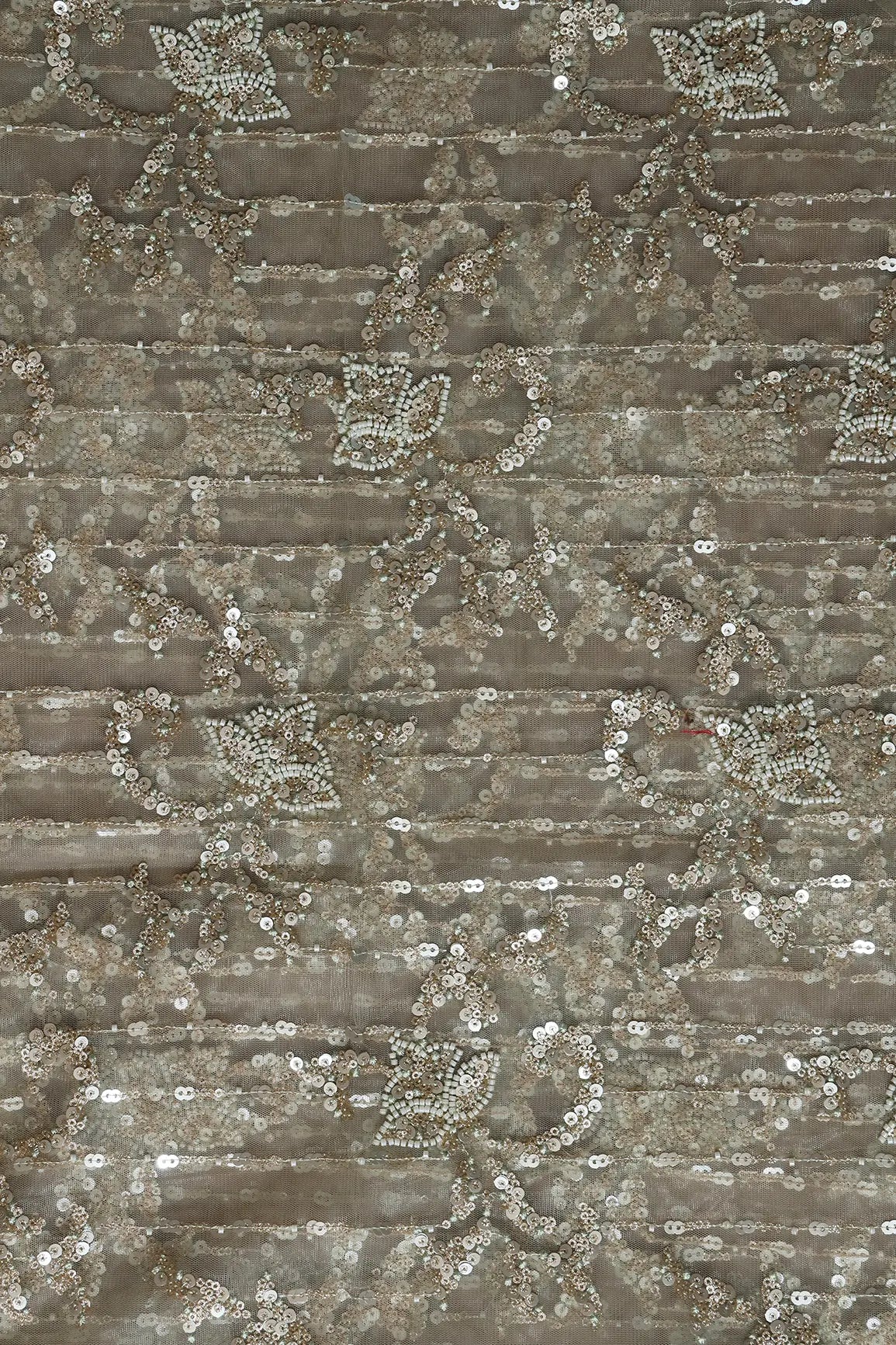 AIzaSyBcstauz-XMPRhEY21AUzeo032pxrXB5Ug - 1 Meter Cut Piece Of Gold Sequins With Beads Work Embroidery On Olive Soft Net Fabric