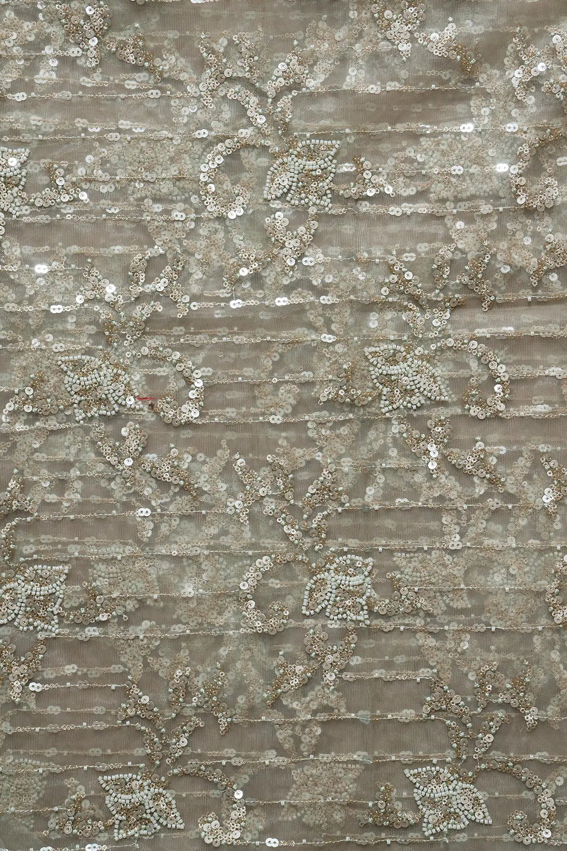 AIzaSyBcstauz-XMPRhEY21AUzeo032pxrXB5Ug - 1 Meter Cut Piece Of Gold Sequins With Beads Work Embroidery On Olive Soft Net Fabric