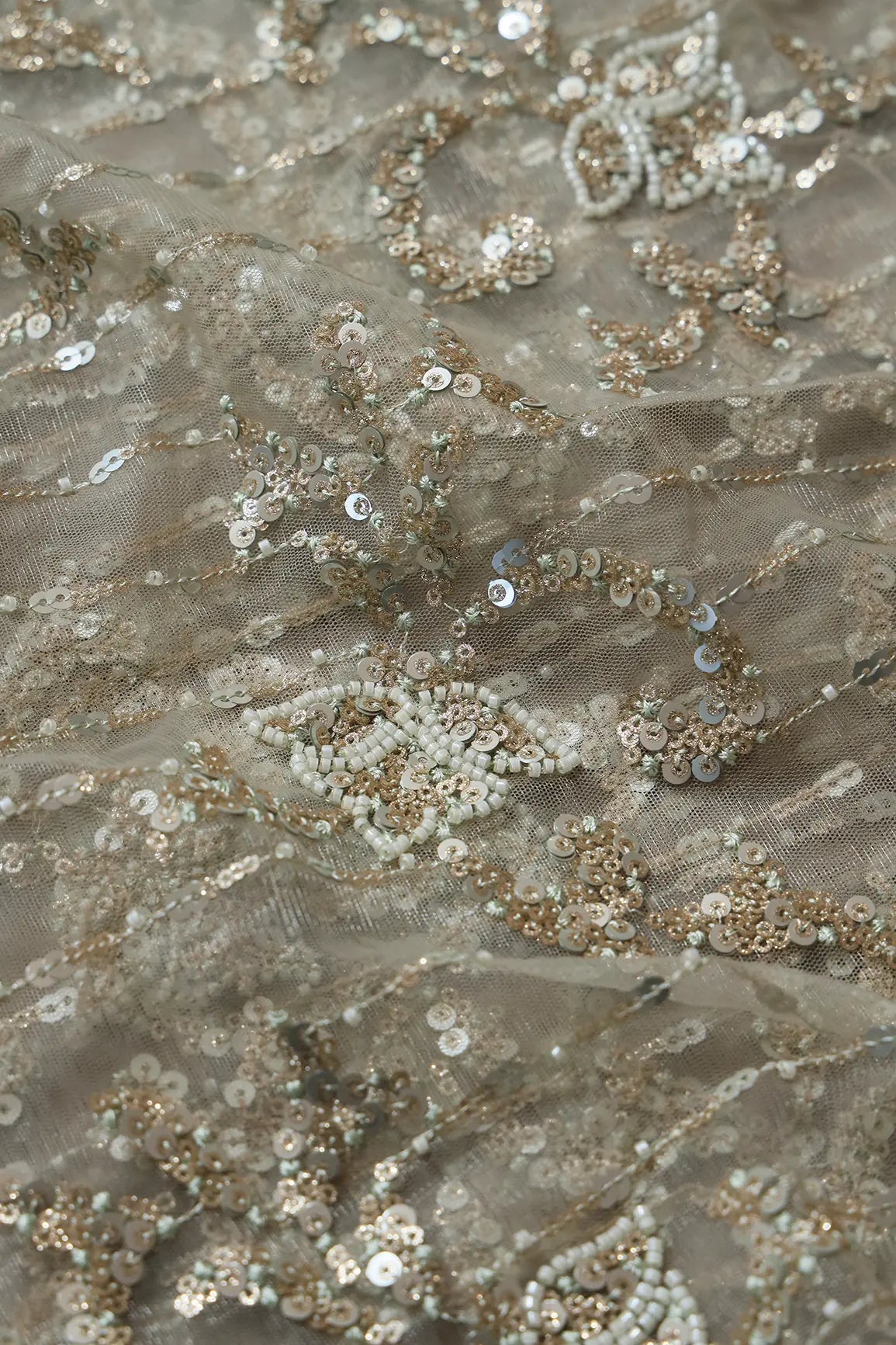 AIzaSyBcstauz-XMPRhEY21AUzeo032pxrXB5Ug - 1 Meter Cut Piece Of Gold Sequins With Beads Work Embroidery On Olive Soft Net Fabric