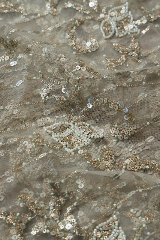 AIzaSyBcstauz-XMPRhEY21AUzeo032pxrXB5Ug - 1 Meter Cut Piece Of Gold Sequins With Beads Work Embroidery On Olive Soft Net Fabric