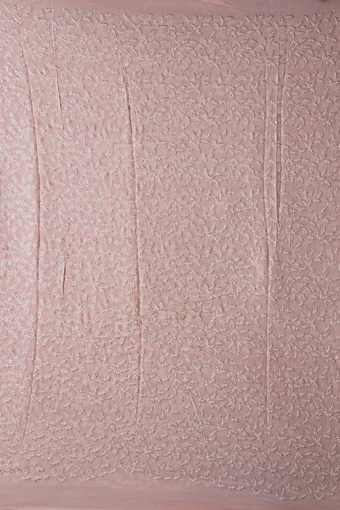 AIzaSyBcstauz-XMPRhEY21AUzeo032pxrXB5Ug - 1.90 Meter Cut Piece Of White Thread With Gold Sequins Leafy Embroidery On Peach Georgette Fabric