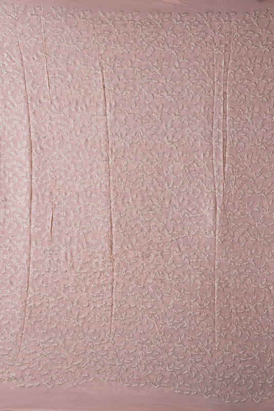 AIzaSyBcstauz-XMPRhEY21AUzeo032pxrXB5Ug - 1.90 Meter Cut Piece Of White Thread With Gold Sequins Leafy Embroidery On Peach Georgette Fabric