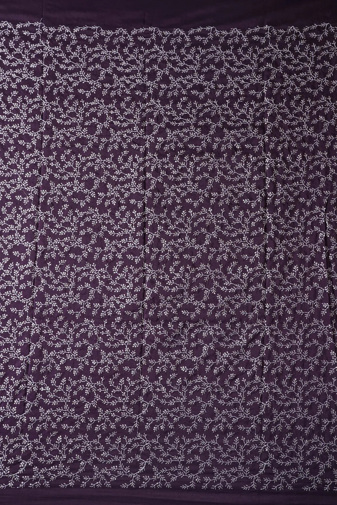 AIzaSyBcstauz-XMPRhEY21AUzeo032pxrXB5Ug - 1.80 Meter Cut Piece Of White Thread With Gold Sequins Leafy Embroidery On Viola Purple Muslin Silk Fabric