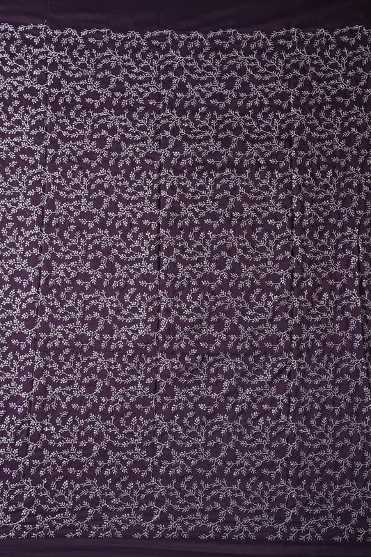 AIzaSyBcstauz-XMPRhEY21AUzeo032pxrXB5Ug - 1.80 Meter Cut Piece Of White Thread With Gold Sequins Leafy Embroidery On Viola Purple Muslin Silk Fabric